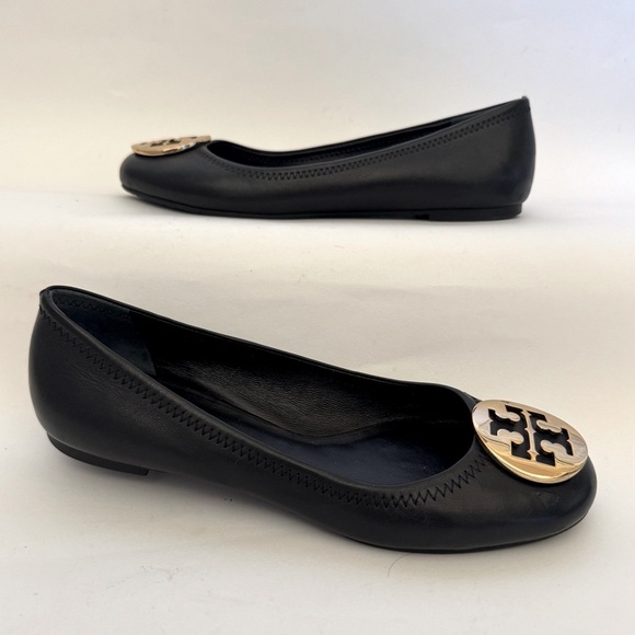 Tory Burch Reva Ballet-Mestico Flat Shoes, Black with Gold Logo, Size 7 - Picture 2 of 8